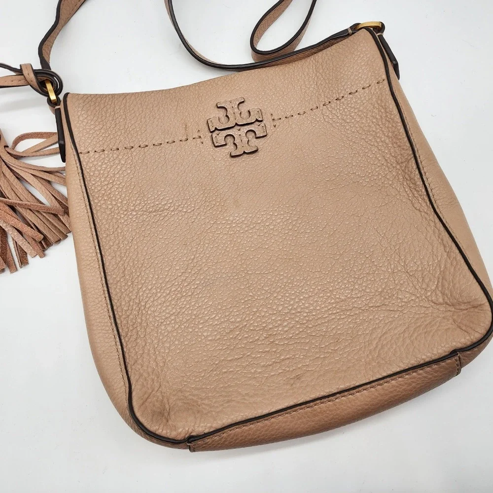 Tory Burch McGraw Crossbody Women's Small Beige Pebbled Leather Tassel Purse
